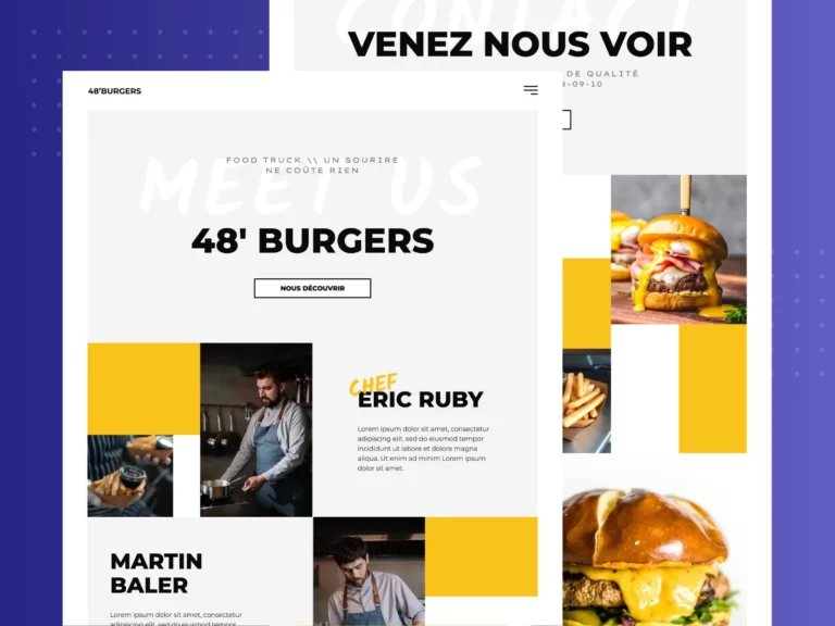 Pages du site 48' Burgers, site démo de restaurant