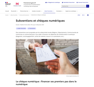 Page du site France Num pour l'aide à la transition numérique